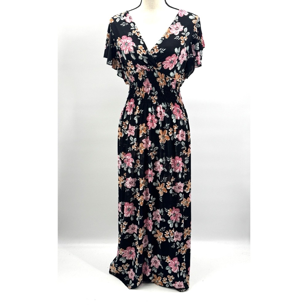 Tamsy Dark Floral Babydoll Maxi Dress OS Flutter Sleeve Stretch Whimsigoth Boho - Picture 2 of 12